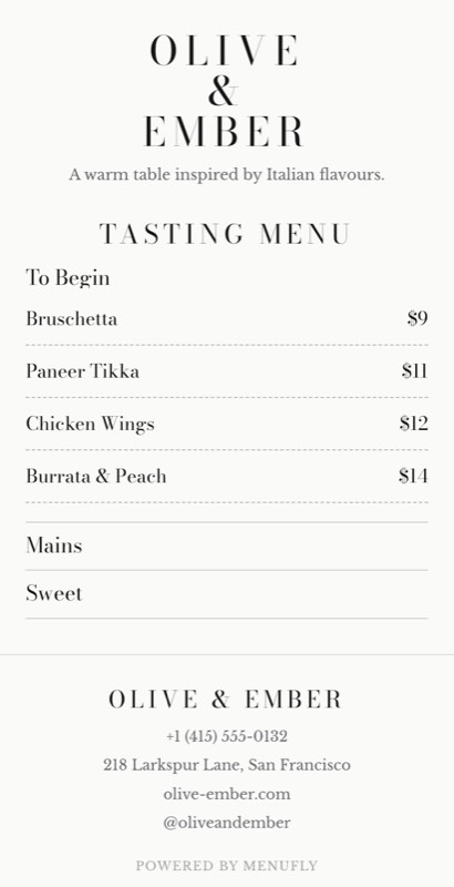 Degustation menu template: a mobile fine dining menu with a wordmark header, a photo banner, category tabs and priced item rows you can edit.