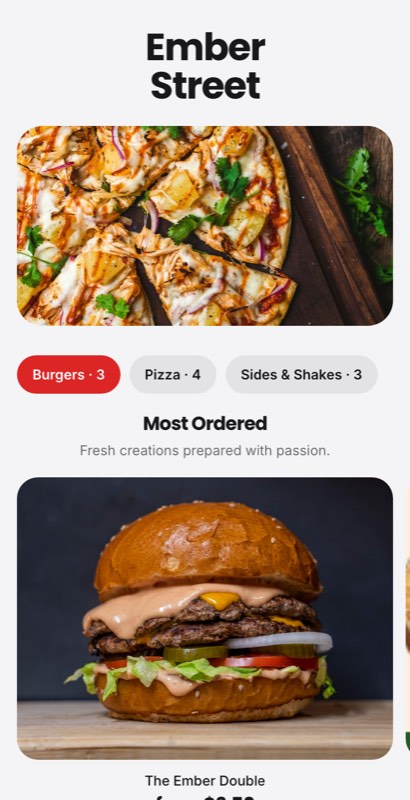Delivery First menu template: a mobile cloud kitchen menu with a wordmark header, a photo banner, category tabs and priced item rows you can edit.
