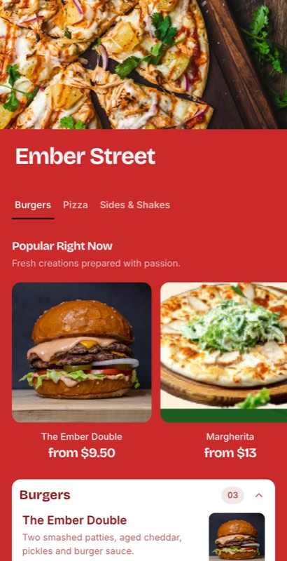 Drive Thru menu template: a mobile fast food menu with a wordmark header, a photo banner, category tabs and priced item rows you can edit.
