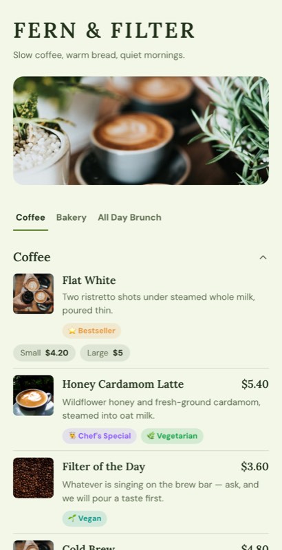 Early Bird menu template: a mobile breakfast menu with a wordmark header, a photo banner, category tabs and priced item rows you can edit.