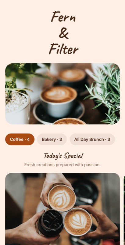 Eggs & Co menu template: a mobile breakfast menu with a wordmark header, a photo banner, category tabs and priced item rows you can edit.