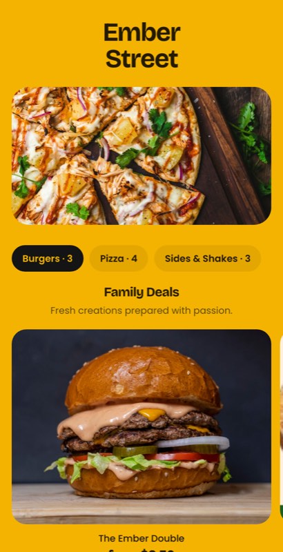 Family Pack menu template: a mobile takeaway menu with a wordmark header, a photo banner, category tabs and priced item rows you can edit.