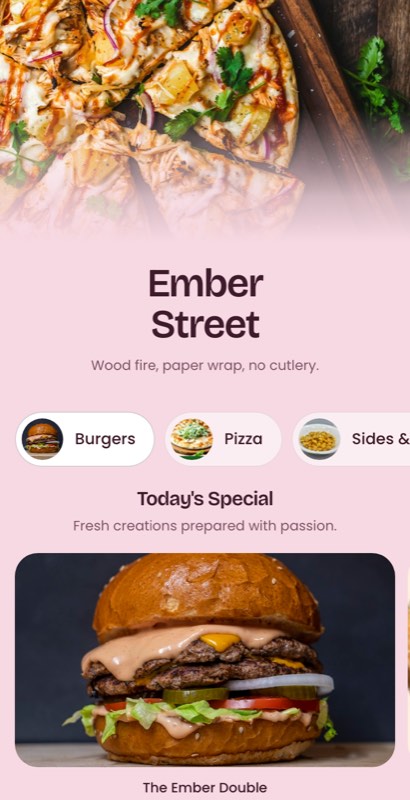 Festival Van menu template: a mobile food truck menu with a wordmark header, a photo banner, category tabs and priced item rows you can edit.