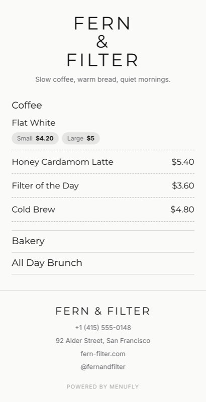 Flat White menu template: a mobile coffee shop menu with a wordmark header, a photo banner, category tabs and priced item rows you can edit.