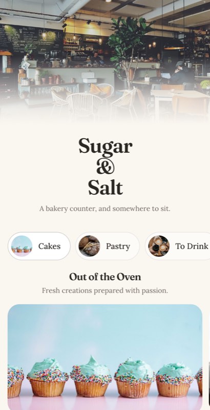 Flour & Salt menu template: a mobile bakery menu with a wordmark header, a photo banner, category tabs and priced item rows you can edit.