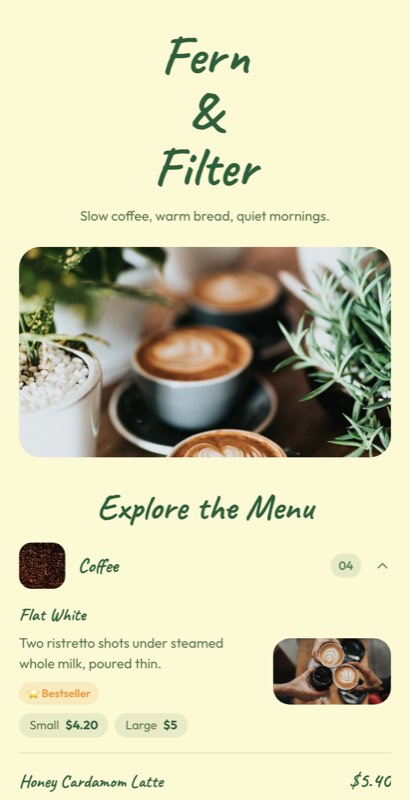 Garden Table menu template: a mobile cafe menu with a wordmark header, a photo banner, category tabs and priced item rows you can edit.