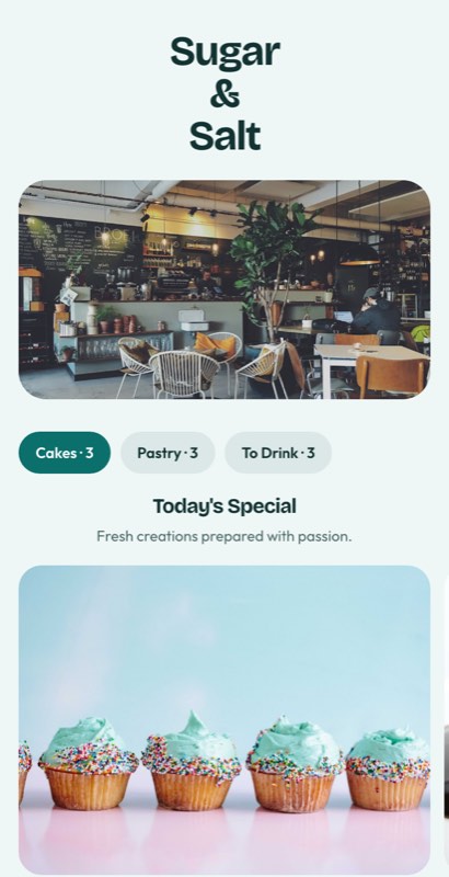 Gelato Bar menu template: a mobile dessert menu with a wordmark header, a photo banner, category tabs and priced item rows you can edit.
