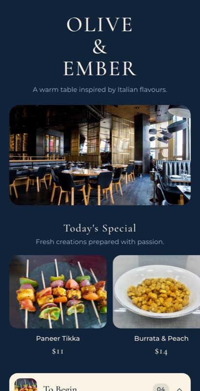 Grand Terrace menu template: a mobile hotel menu with a wordmark header, a photo banner, category tabs and priced item rows you can edit.
