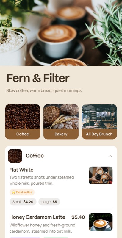 Griddle menu template: a mobile breakfast menu with a wordmark header, a photo banner, category tabs and priced item rows you can edit.