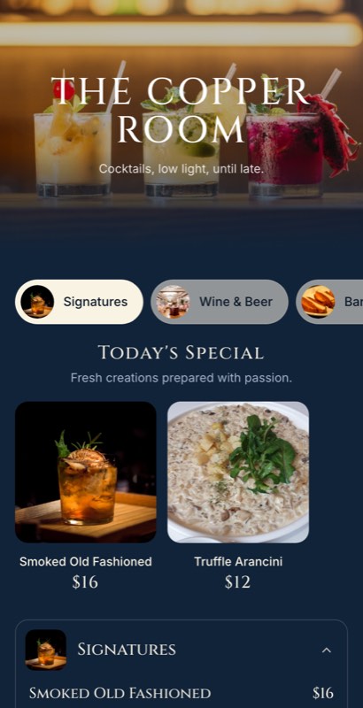 Harbour Bar menu template: a mobile bar menu with a wordmark header, a photo banner, category tabs and priced item rows you can edit.