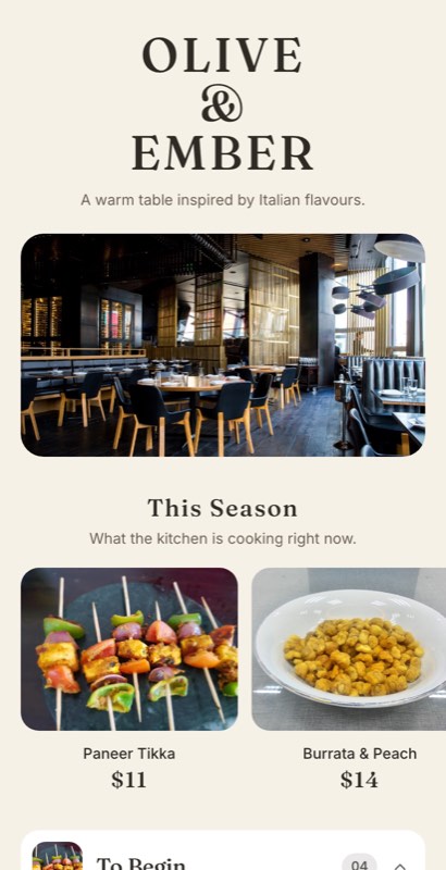 Harvest Table menu template: a mobile restaurant menu with a wordmark header, a photo banner, category tabs and priced item rows you can edit.