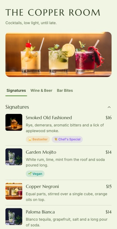 Herbal menu template: a mobile drinks menu with a wordmark header, a photo banner, category tabs and priced item rows you can edit.