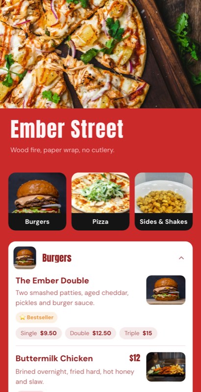 Hot Window menu template: a mobile takeaway menu with a wordmark header, a photo banner, category tabs and priced item rows you can edit.