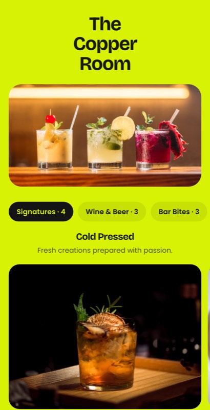 Juice Bar menu template: a mobile drinks menu with a wordmark header, a photo banner, category tabs and priced item rows you can edit.