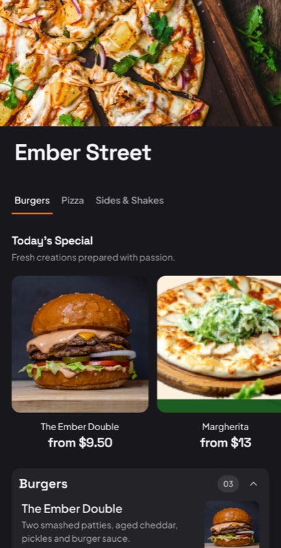 Kitchen Node menu template: a mobile cloud kitchen menu with a wordmark header, a photo banner, category tabs and priced item rows you can edit.