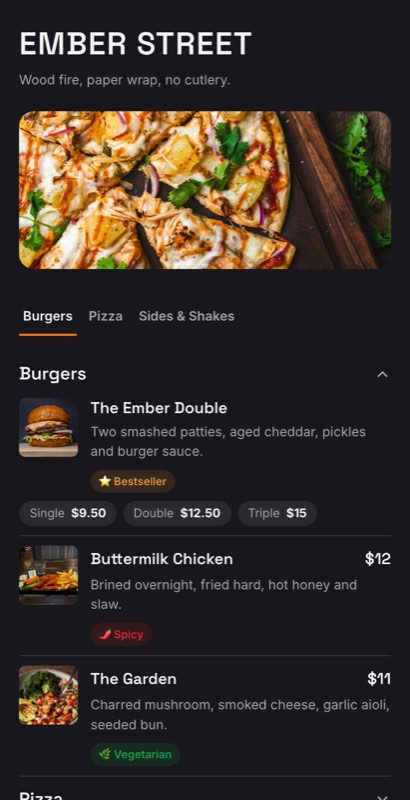 Late Night menu template: a mobile food truck menu with a wordmark header, a photo banner, category tabs and priced item rows you can edit.