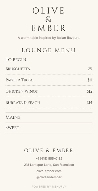 Lobby Lounge menu template: a mobile hotel menu with a wordmark header, a photo banner, category tabs and priced item rows you can edit.