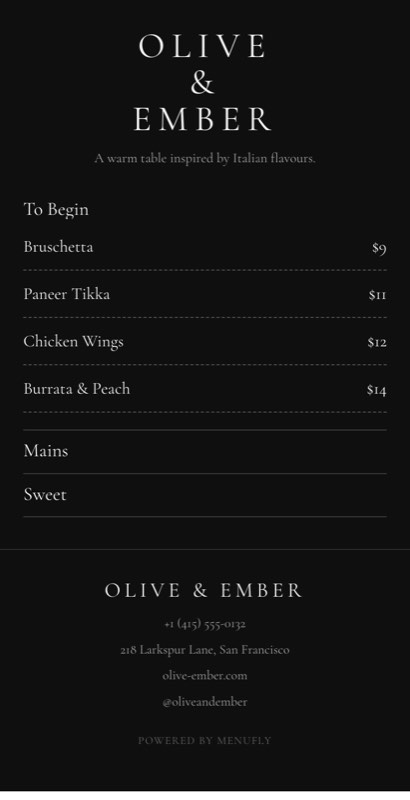 Maison Noir menu template: a mobile fine dining menu with a wordmark header, a photo banner, category tabs and priced item rows you can edit.