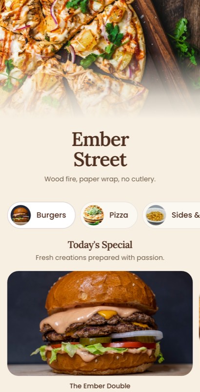 Margherita Lane menu template: a mobile pizza menu with a wordmark header, a photo banner, category tabs and priced item rows you can edit.