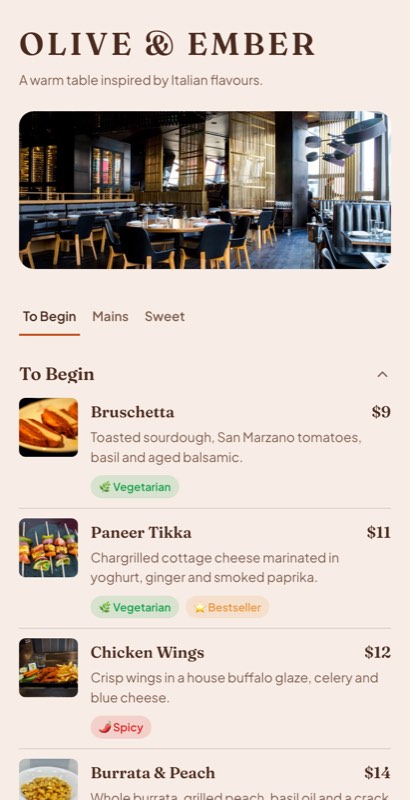 Masala Table menu template: a mobile indian restaurant menu with a wordmark header, a photo banner, category tabs and priced item rows you can edit.