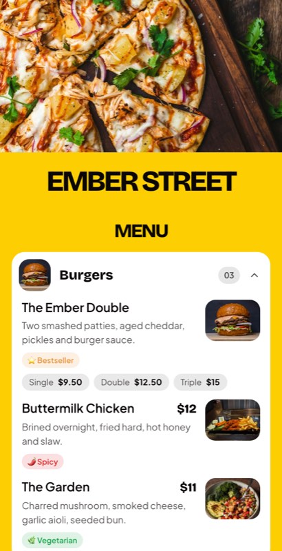 Metro Eats menu template: a mobile cloud kitchen menu with a wordmark header, a photo banner, category tabs and priced item rows you can edit.