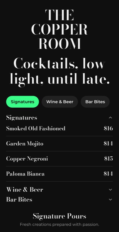 Midnight Pour menu template: a mobile drinks menu with a wordmark header, a photo banner, category tabs and priced item rows you can edit.