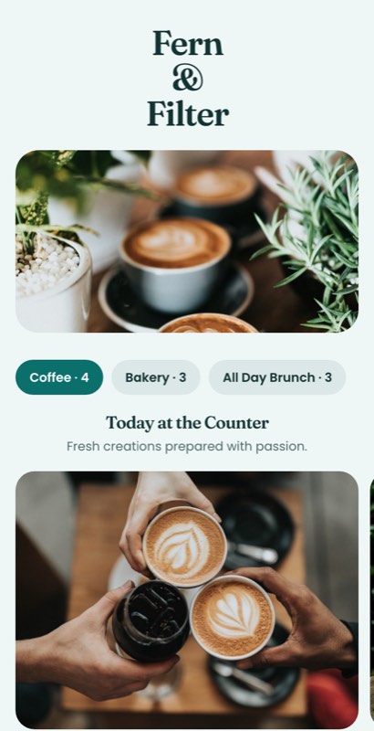 Mint Parlour menu template: a mobile drinks menu with a wordmark header, a photo banner, category tabs and priced item rows you can edit.