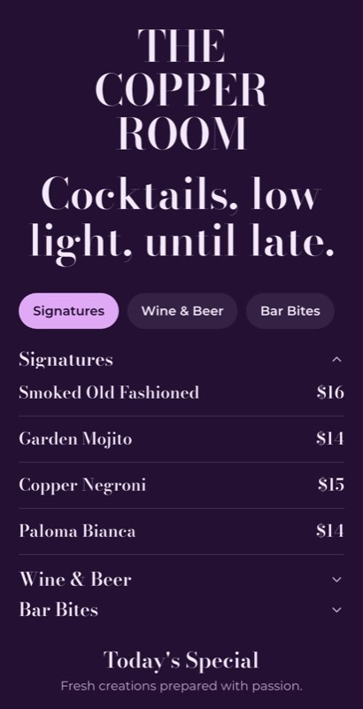 Mixology menu template: a mobile bar menu with a wordmark header, a photo banner, category tabs and priced item rows you can edit.
