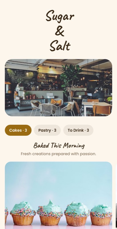Morning Loaf menu template: a mobile bakery menu with a wordmark header, a photo banner, category tabs and priced item rows you can edit.