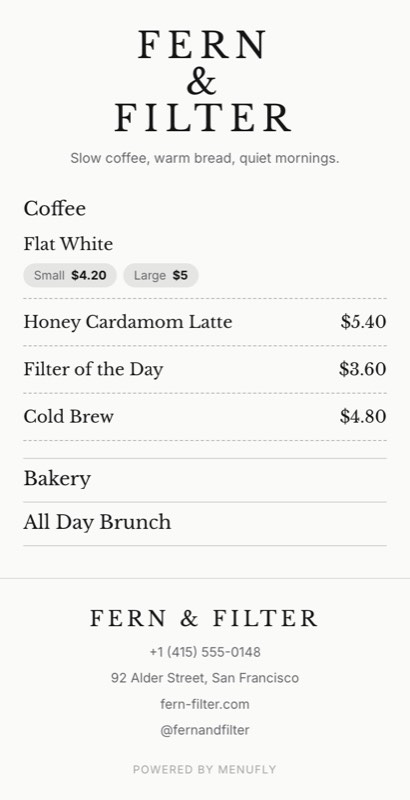 Morning Paper menu template: a mobile cafe menu with a wordmark header, a photo banner, category tabs and priced item rows you can edit.