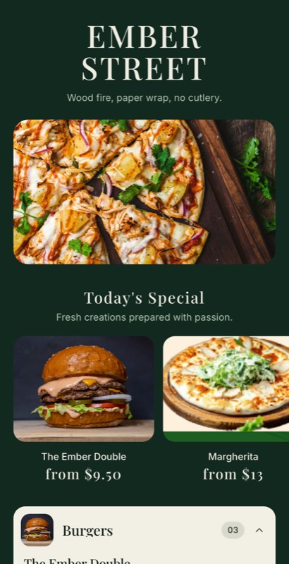 Napoli Nights menu template: a mobile pizza menu with a wordmark header, a photo banner, category tabs and priced item rows you can edit.