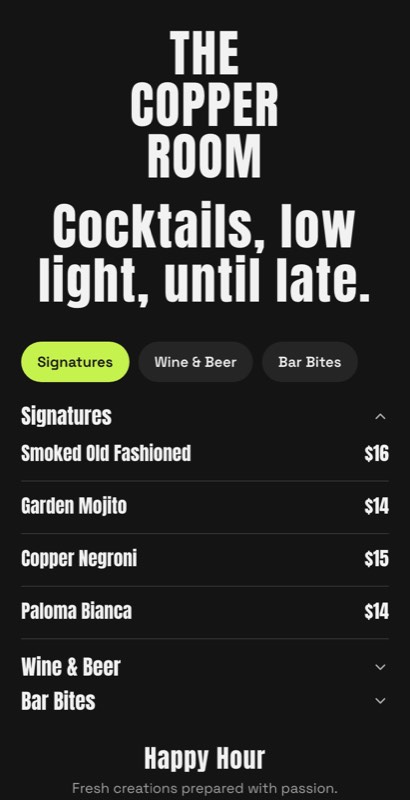 Neon Hour menu template: a mobile bar menu with a wordmark header, a photo banner, category tabs and priced item rows you can edit.