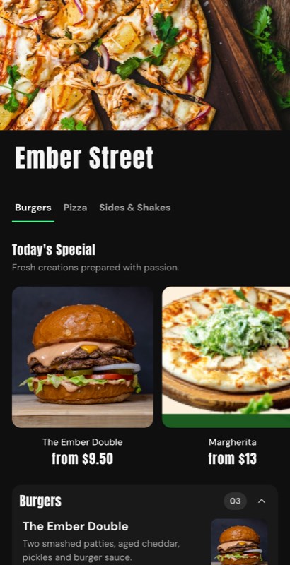 Night Market menu template: a mobile food truck menu with a wordmark header, a photo banner, category tabs and priced item rows you can edit.