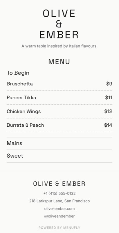 North Quarter menu template: a mobile fine dining menu with a wordmark header, a photo banner, category tabs and priced item rows you can edit.