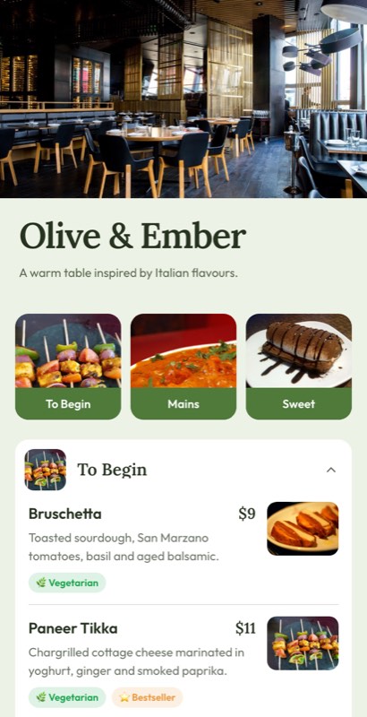 Olive Grove menu template: a mobile restaurant menu with a wordmark header, a photo banner, category tabs and priced item rows you can edit.
