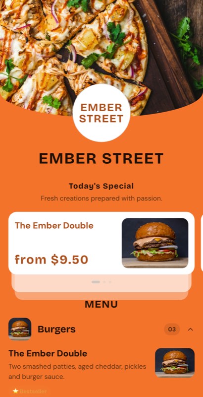 Order Up menu template: a mobile fast food menu with a wordmark header, a photo banner, category tabs and priced item rows you can edit.