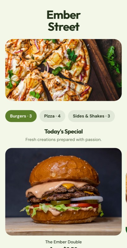 Packed Fresh menu template: a mobile takeaway menu with a wordmark header, a photo banner, category tabs and priced item rows you can edit.