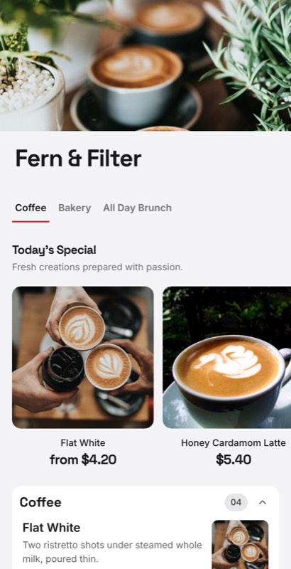 Paper Cup menu template: a mobile coffee shop menu with a wordmark header, a photo banner, category tabs and priced item rows you can edit.