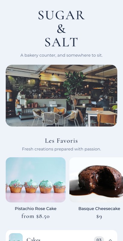 Patisserie Bleu menu template: a mobile bakery menu with a wordmark header, a photo banner, category tabs and priced item rows you can edit.