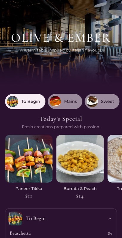 Peacock Court menu template: a mobile hotel menu with a wordmark header, a photo banner, category tabs and priced item rows you can edit.