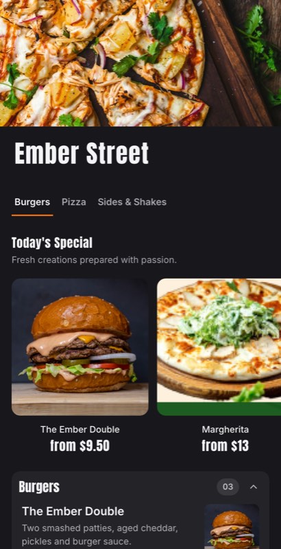 Pepperoni Club menu template: a mobile pizza menu with a wordmark header, a photo banner, category tabs and priced item rows you can edit.