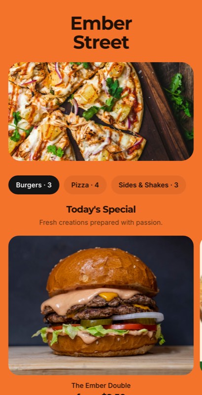 Quick Bite menu template: a mobile fast food menu with a wordmark header, a photo banner, category tabs and priced item rows you can edit.