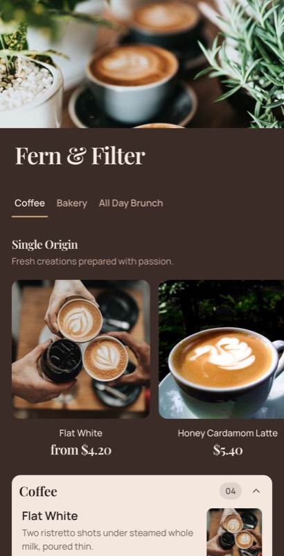 Roast House menu template: a mobile coffee shop menu with a wordmark header, a photo banner, category tabs and priced item rows you can edit.