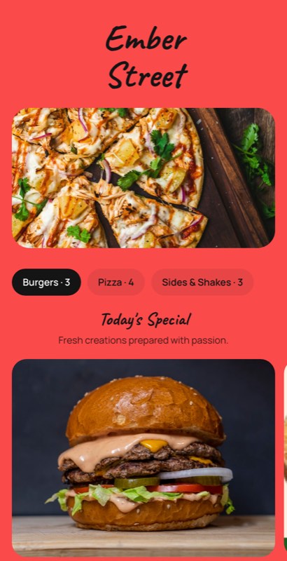 Rolling Kitchen menu template: a mobile food truck menu with a wordmark header, a photo banner, category tabs and priced item rows you can edit.