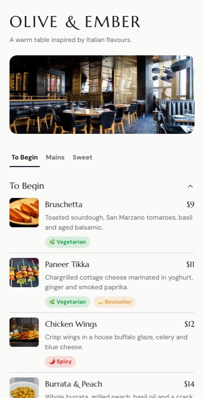 Room Service menu template: a mobile hotel menu with a wordmark header, a photo banner, category tabs and priced item rows you can edit.
