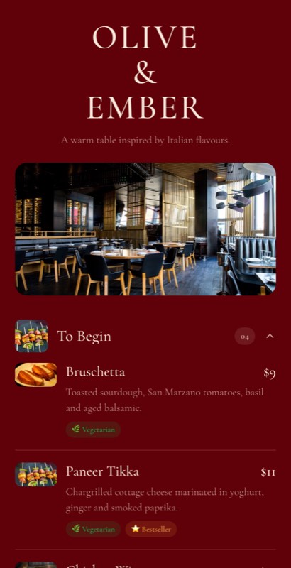 Royal Kitchen menu template: a mobile indian restaurant menu with a wordmark header, a photo banner, category tabs and priced item rows you can edit.