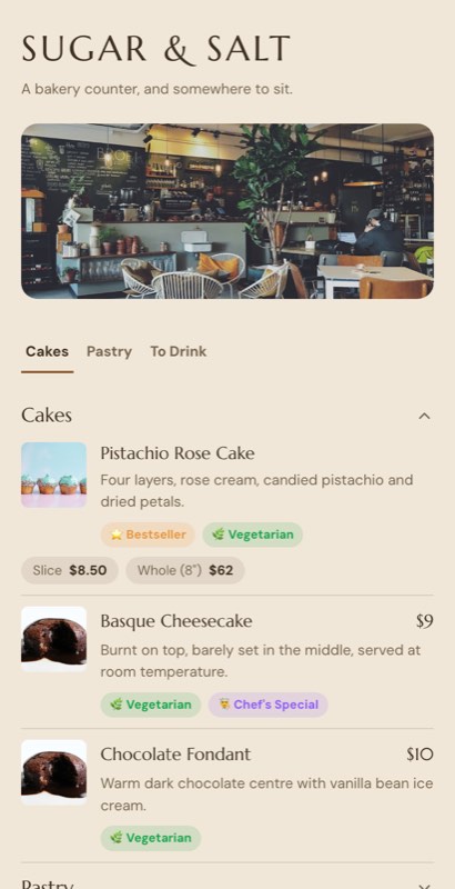 Rye & Co menu template: a mobile bakery menu with a wordmark header, a photo banner, category tabs and priced item rows you can edit.