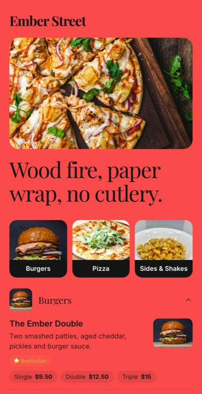 Saffron Route menu template: a mobile indian restaurant menu with a wordmark header, a photo banner, category tabs and priced item rows you can edit.