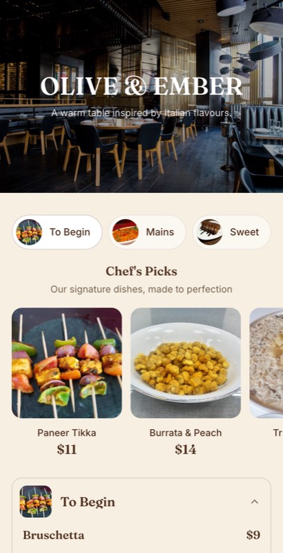 Saffron & Stone menu template: a mobile restaurant menu with a wordmark header, a photo banner, category tabs and priced item rows you can edit.