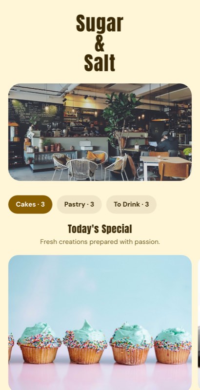 Scoop Shop menu template: a mobile dessert menu with a wordmark header, a photo banner, category tabs and priced item rows you can edit.